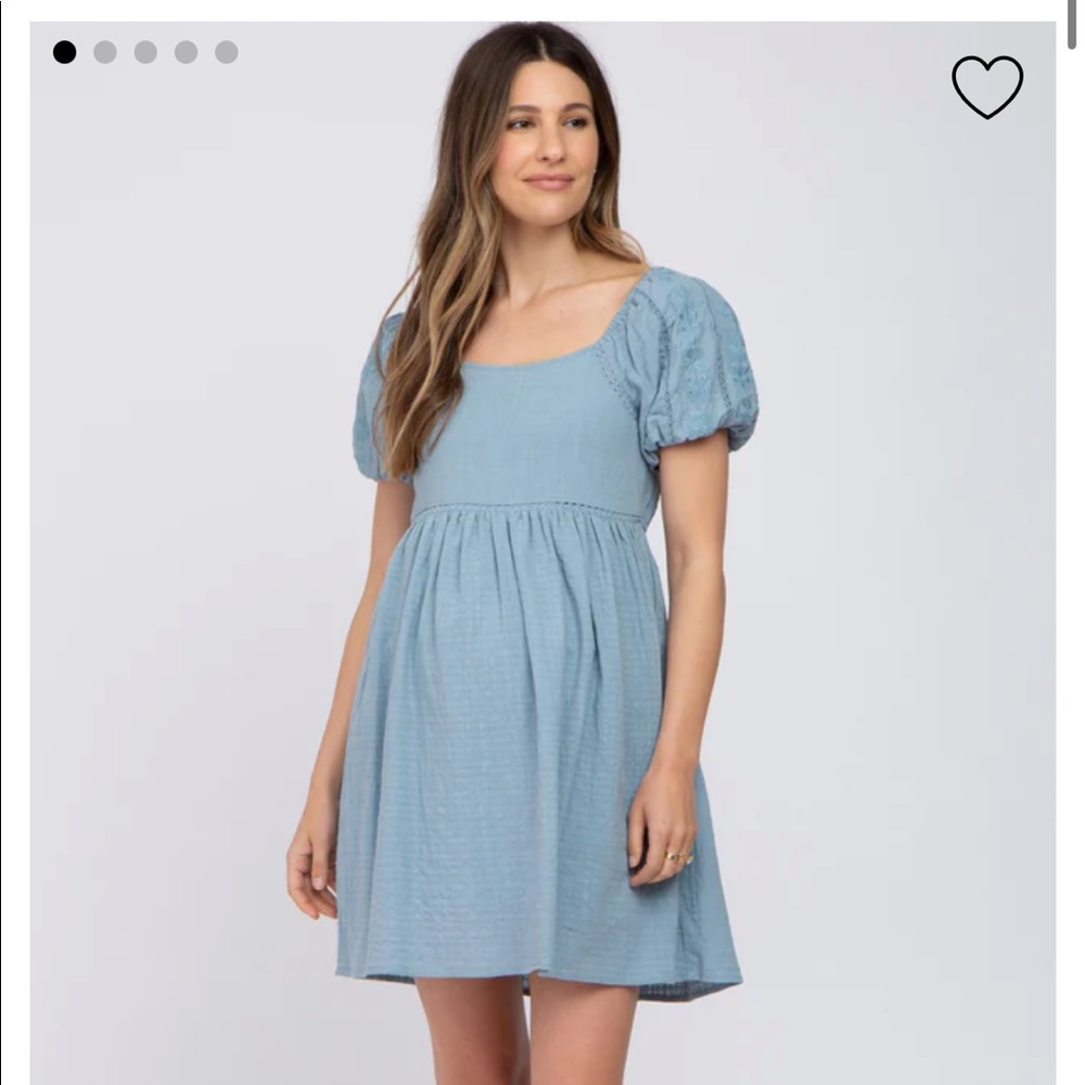 Blue Textured Puff Sleeve Maternity Dress